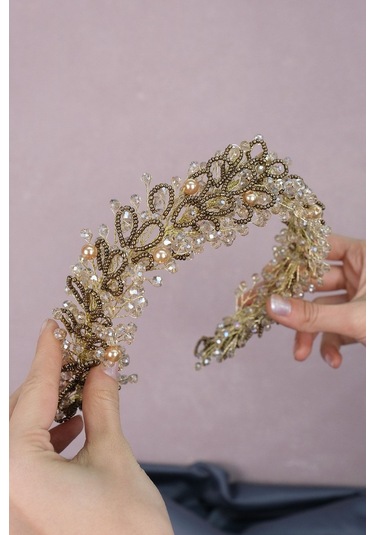 FdayAksesuar Gelinlere Özel Bakır Renk Kristal Ve Kum Boncuklu Gelin Saç Ve Türban Aksesuarı FRDY31534