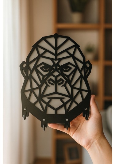 Goril Figürlü Geometrik Duvar Tipi Dekoratif Anahtarlık Askılığı Siyah - Beyaz