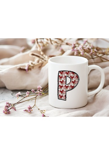 P Harfi Aşk Temalı Kupa - Kalp Desenli Kişiye Özel Romantik Sevgililer Günü Kahve Kupası Beyaz