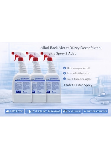Alkol Bazlı Alet Ve Yüzey Dezenfektanı 1 Litre Sprey 3 Adet