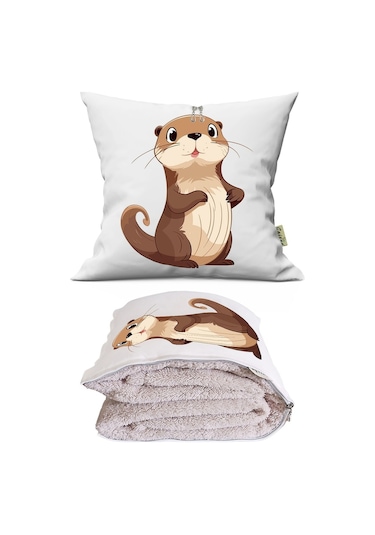 Sevimli Samur Baskılı Dekoratif Yastık Kırlent Opsiyonel Battaniye 2 İn 1 Çok Renkli