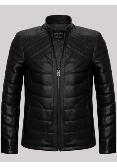 Hakiki Kuzu Derisi Siyah Erkek Deri Mont Işlemeli Fermuarlı Deri Ceket Siyah