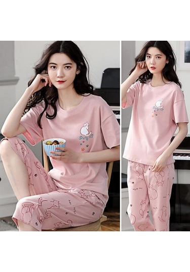 Pembe Salon Pijama O-boyun Uyku Nefes Kızlar Yaz Karikatür Baskı T-shirt Mahsul Pantolon Seti Günlük Giyim Pembe