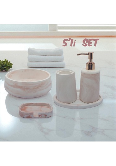 5 Li Taş Banyo Seti Sıvı Sabunluk Diş Fırçalık Kase Tepsi Set Beyaz - Kahve Mermer Desenli Beyaz