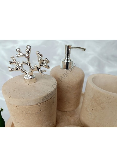 Sarı Traverten Klasik Model 5 Parça Gümüş Renk Mercan Aksesuarlı Banyo Seti Sarı Traverten