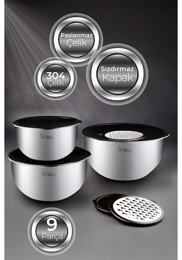 Snippy Inoxa - 9 Parça Rendeli Paslanmaz Çelik Karıştırma Kabı
