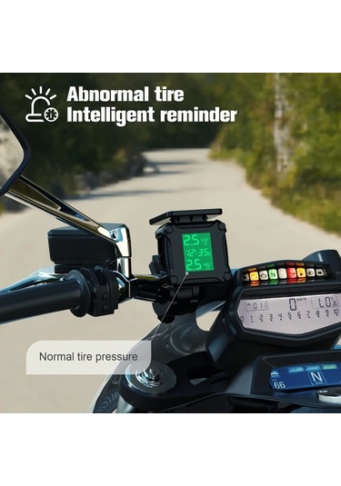 Boatshop1 Ynf Motosiklet Lastik Basınç İzleme Sistemi Siyah Lcd Ekranlı Otomatik Alarm Kablosuz Güneş Enerjili Şarj Lastik Monitörü