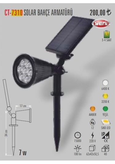 Cata Ct-7310 7w Amber Işık Solar Güneş Enerjili Bahçe Aydınlatma Siyah