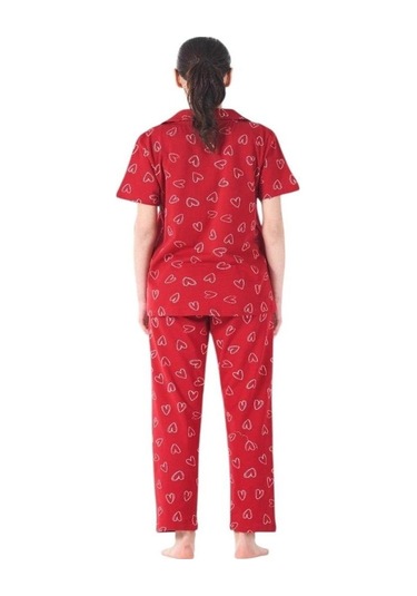 Estiva Kalpli Desen Önden Düğmeli Bayan Pijama Takım Kırmızı