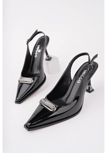 Muggo Heels Arkası Açık Toka Detaylı Günlük Klasik Topuklu Kadın Stiletto Ayakkabı Siyah-Rugan