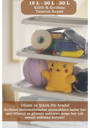 3'lü 15-20-30 L Çok Amaçlı Saklama Kabı Seti - Kilitli Kapak Banyo Mutfak Düzenleyici Saklama Kutusu Bej