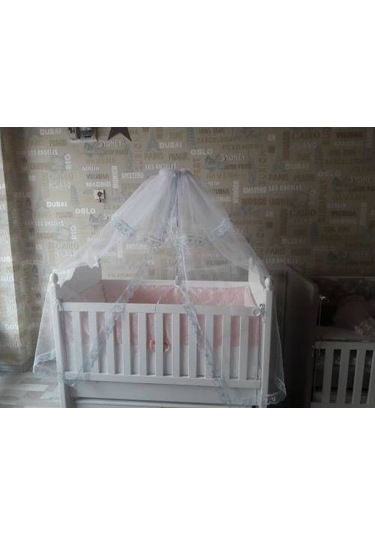 Hugoy Lüks Güpürlü Bebek Beşik Cibinlik + Demir Mavi