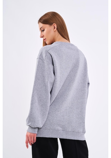Comeor Gri Kadın Pamuklu Oversize Basic Bisiklet Yaka Sweatshirt 001