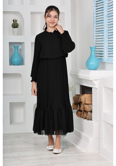 Kız Çocuk Uzun Boydan Pliseli Pamuklu Şifon Uzun Elbise Siyah