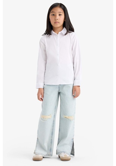 Defacto Kız Çocuk Okula Dönüş Slim Fit Dar Kesim Bengalin Uzun Kollu Gömlek K9023a625auwt34 Beyaz