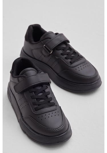 Faylon Hafif Taban Bağcıklı Çocuk Unisex Siyah Günlük Spor Ayakkabı Tbprf010 Siyah