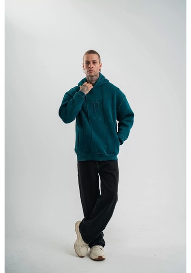 Unisex Uzun Kol Kapşonlu Yıkamalı Nakışlı Sweatshirt - Koyu Deniz Yeşili Koyu Deniz Yeşili