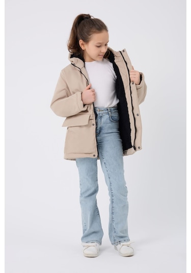 Freemen Kız Çocuk Taş Kürklü Su Ve Rüzgar Geçirmez Kapüşonlu 3 Kışlık Mont Taş