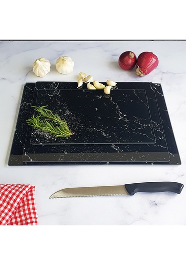 Decorita Cam Kesme Tahtası | Siyah Mermer Görünümlü | 3'lü Takım