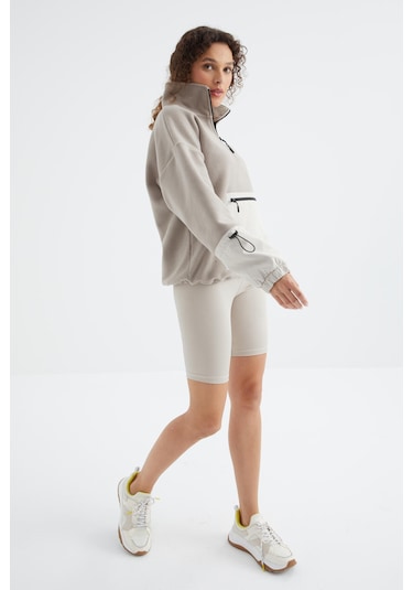 Tommy Life Koyu Bej Etek Ucu Büzgülü Yarım Fermuarlı Oversize Kadın Polar Sweatshirt - 97238 Koyu Bej