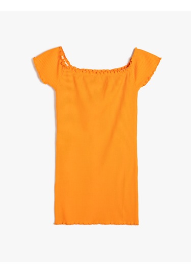 Koton Elbise Kısa Kollu Kare Yaka Ribanalı Pamuklu Turuncu 4skg80155ak Turuncu