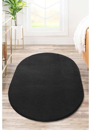 Vl Comfort Puffy Ponpon Saçak Peluş Yıkanabilir Siyah Yolluk Saçaksız Oval