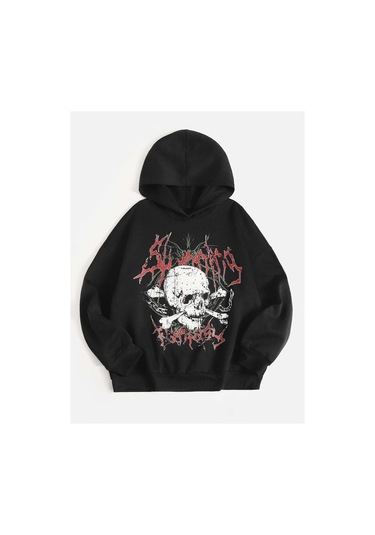 Coke Serisi Skull Print Drop Shoulder Hoodie-trzksw625 Siyah