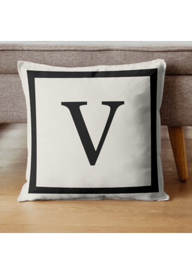 Harfli Kırlent Kılıfı - V Harfi - Dekoratif Kırlent Kılıfı Krem