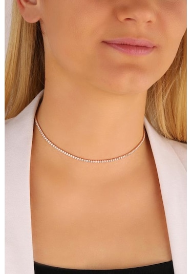 1,5 Mm Taşlı Gümüş Suyolu Choker Kolye Rose Gold