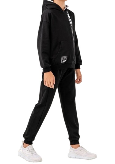 Erkek Çocuk Free Koordinat Yazılı Kapüşonlu Kanguru Cepli Siyah Renk Eşofman Takımı Siyah
