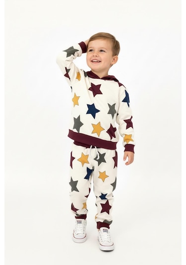 Yıldız Baskılı Kapşonlu 2 Li Takım Bordo