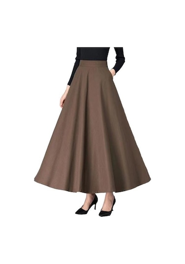 Kadın Maxi Etek Elastik Yüksek Bel Büyük Etek A Kesim Uzun Etek Cepli Düz Renk Ofis Kahve