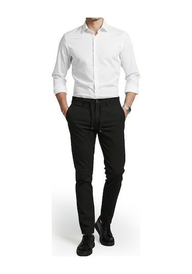 Deepsea Erkek Siyah Likralı Gofre Kumaş Beli Lastikli İpli Slim Fit Günlük Pantolon 2600650 Siyah