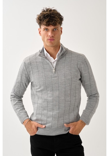 Dikey Dokuma Desenli Fermuarlı Triko Kazak Gri