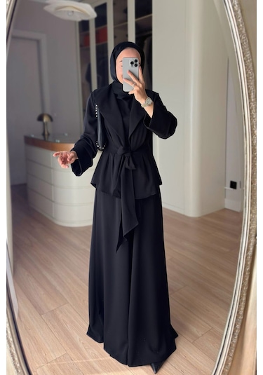 Ka Hijab Kuşak Detaylı Vatkalı Üçlü Takım - Siyah