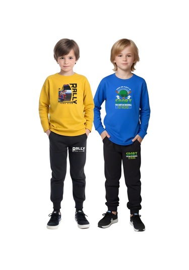 2li Erkek Çocuk Baskılı Sıfır Yaka Mevslimlik Alt-üst Takım Sarı - Mavi