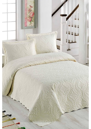 Örtüm Sarmaşık Tek Kişilik Düz Renk Yatak Örtüsü Takımı - Ekru