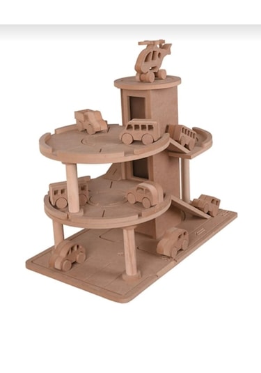 Ahşap Oyuncak Otopark + 6 Adet Oyuncak Araba + 1 Adet Helikopter