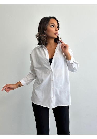 Kadın Oversize Uzun Basic Gömlek Beyaz