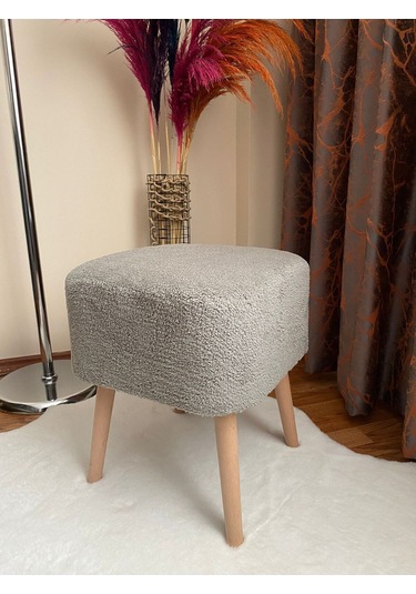 Kare Kesim Ahşap Ayaklı Teddy Kumaş Dekoratif Gri Renk Puf