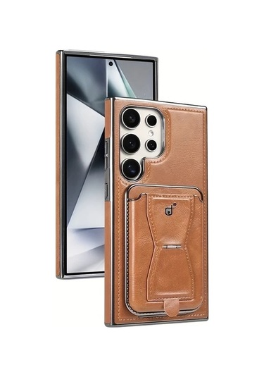 Turcoshop11 Galaxy S24 Ultra Manyetik Kartlık Yüksek Kalite Suni Deri Kılıf Brown