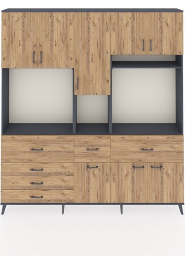 Arges Dolap 10 Raflı 6 Çekmeceli 8 Kapaklı 220x30x243 Antrasit-çam/çam Atlas Çam/atlas Çam