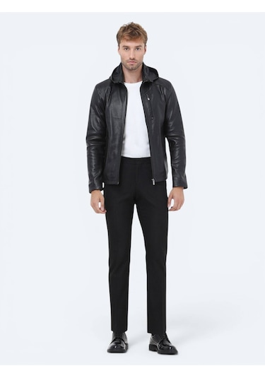 Kip Siyah Regular Fit Kapüşonlu Smart Casual Koyun Derisi Deri Mont