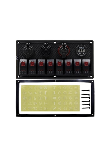 Bfy Switch Panel 8'Li +Usb+Plastik Çakmaklık+ Çakmak+ Voltmetre Kırmızı