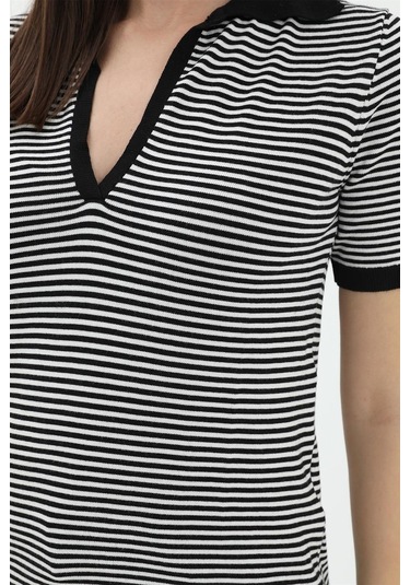 İnce Çizgili Polo Yaka Triko Kazak - Siyah - Kadın
