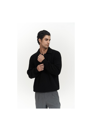 Vander Düğme Detay Siyah Erkek Triko Kazak Siyah