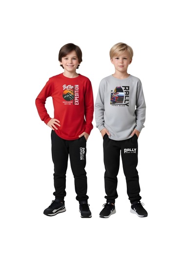 2li Erkek Çocuk Baskılı Sıfır Yaka Mevslimlik Alt-üst Takım Kırmızı - Gri