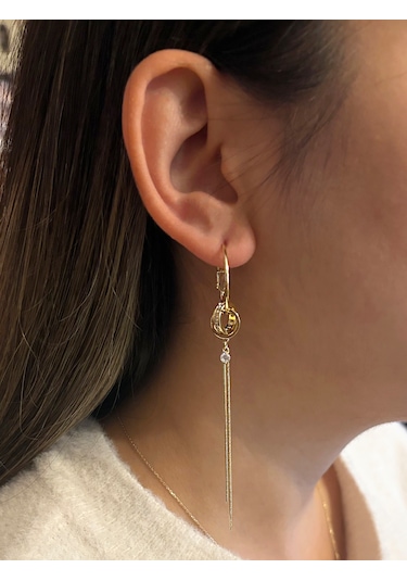 Kadın Yuvarlak Birbirine Geçmeli Halka Model Sallantılı Çelik Küpe Gold