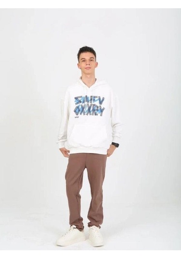 Erkek Çocuk Yazı Detaylı 2 İplik Kapüşonlu Sweatshirt-15229 Ekru