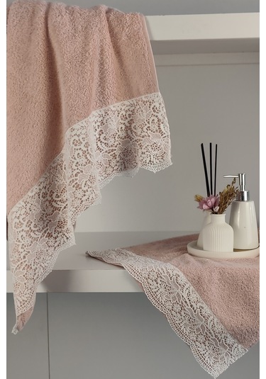 Gipür Dantelli Banyo Havlusu Takımı-%100 Pamuk Banyo Seti-gelin Havlusu Gulkurusu Gül Kurusu